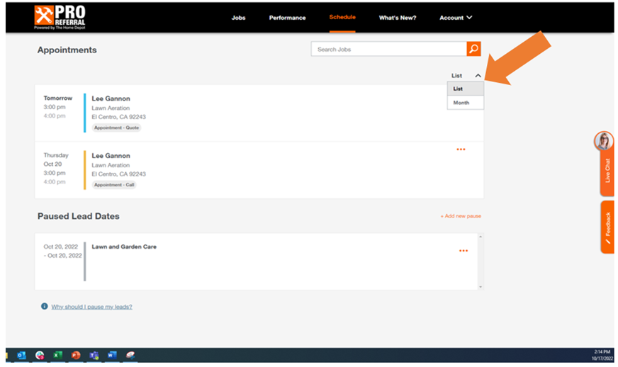 Schedule Tab Update Calendar View